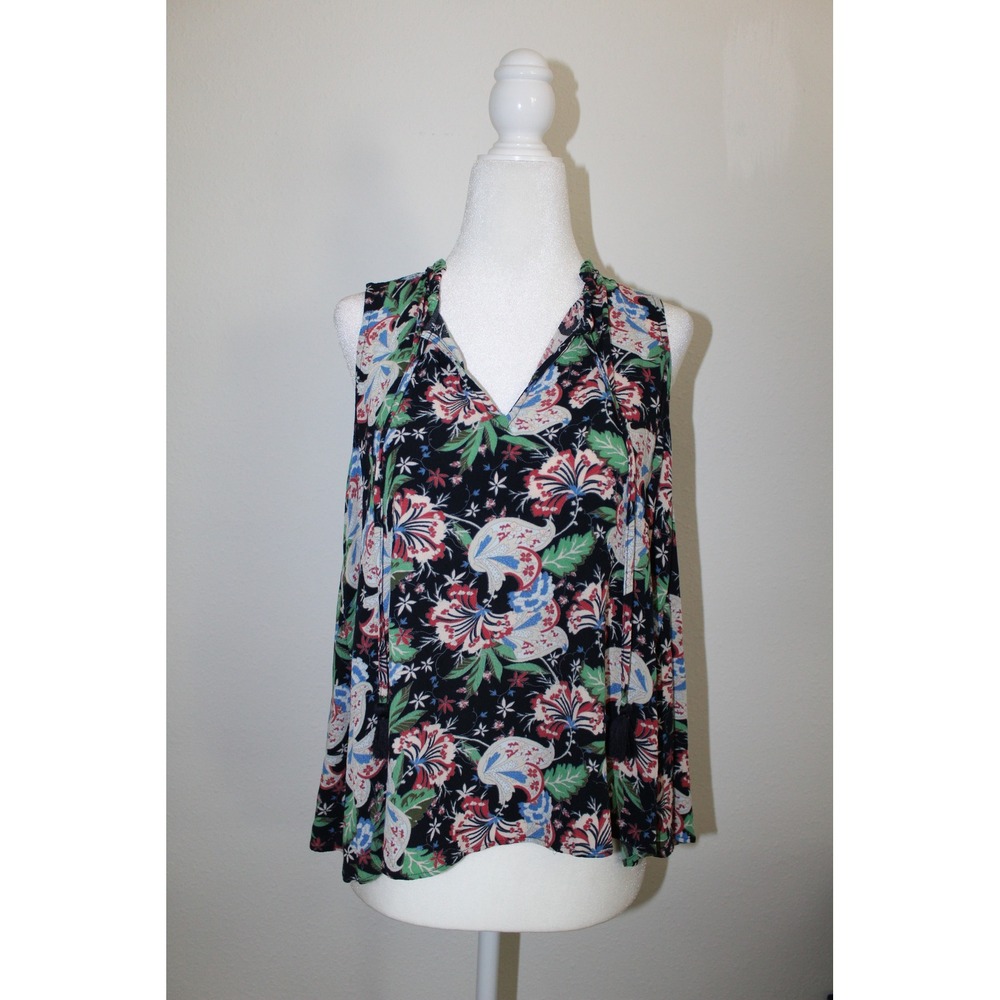 J.Crew Womens XS Black Floral Paisley Sleeveless V-Neck Ruffle Tassel Top Black